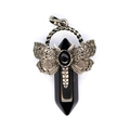 Macro view of vintage dragonfly wrap on hexagonal rainbow fluorite crystal pendant - Obsidian