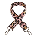 Close-up of pink leopard jacquard bag strap with dark gunmetal buckles and adjusters - Deep Pink + Gunmetal Buckle