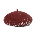 Detail of wool beret in burgundy with white pearls and sparkling rhinestone accents - Caramel color