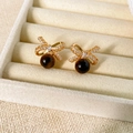 Macro shot of gold bow stud earrings with tiger eye stone drop in a jewelry box - Bow Stud Earrings (Silver Pin-Gold-Coffee)