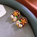 Vintage oval earrings with purple enamel, orange flower, and pearl on gold finish - Vintage Purple Enamel Floral Pearl Stud Earrings