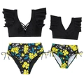 Zweiteilige Mutter-Tochter-Badeanzüge mit schwarzen Rüschen-Oberteilen und floralen High-Waist-Hosen - S / Schwarz