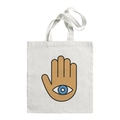 White canvas tote bag featuring a colorful Turkish Evil Eye and Hamsa Hand print - Brown Hamsa K