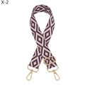 Detail view of purple and beige diamond pattern jacquard strap with gold metal hooks - Purple