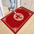 Red bouclé welcome mat with beige auspicious pattern on light wood floor - Peace And Good Fortune - Red / 40*60cm