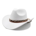 Classic white wool felt western cowboy hat featuring a stylish leopard print leather band - M (56-58cm) / White
