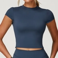 Slim fit high-waisted yoga set with short sleeve crop top in deep blue-grey color - Navy Blue
