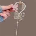 Pinza per capelli a farfalla rosa opaco con strass dorati e nappa di perle eleganti - J16 Fiore Farfalla Farfalla Rosa Molletta a Griffe