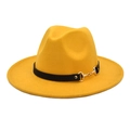 Detail of yellow wool fedora featuring a black leather band and golden horsebit buckle - Yellow