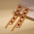 Elegant 18k gold plated long fringe earrings with red and white square zircon crystals - Silver Earring Post - Red (Real Gold Plated)