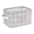 Foldable grey and white checkered linen desktop storage bin with fabric handles - Grey Grid