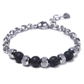 Macro view of lava rock beads and intricate hollow metal beads on a steel bracelet - Black Porous (Lava Rock)