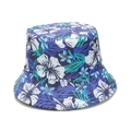 Detail of tropical bucket hat featuring white hibiscus flowers and palm leaf patterns - M (56-58cm) / Dark Blue Hawaiian Hibiscus Style (D)