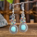 Detail view of vintage bohemian drop earrings with turquoise stones on a branch - Antique Silver Color Beads (S1795 Mixed Rhinestone)