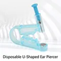 Disposable U-shaped ear piercing gun tool in light blue plastic with metal stud - Round Head Ear Piercer