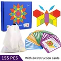 155-piece colorful wooden geometric puzzles with 24 pattern cards and storage bag - 155 Pieces Puzzle