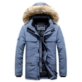 Men's light blue winter parka with large fur hood and functional workwear pockets - M / Grey Blue