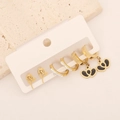 Three pairs of gold-colored earrings featuring rose studs, CZ hoops, and black heart drops - 8# Double Heart and Rose Style