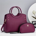 Elegant mulberry leather tote bag and clutch set with gold floral metal detail - Purple