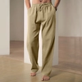 Men's wide-leg olive green linen trousers with elastic waist and drawstring detail - M / Khaki