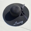 Black wide brim straw sun hat with white Lvxing embroidery and elegant ribbon bow - M (56-58cm) / Black (Lvxing Embroidery)