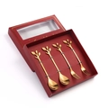 Golden branch handle stainless steel coffee spoon and cake fork set in red gift box - Leaf Spoon & Fork-Gold+Red Box / Gold/Red Box/4PCS