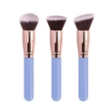 Three professional makeup brushes with rose gold ferrules and light blue handles - Flat Head Foundation Blush Brush / Blue