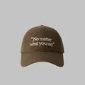 Dark brown cotton baseball cap with white embroidered text and adjustable strap - One Size(Adjustable) / Coffee