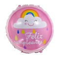 Pink round foil balloon with rainbow cloud design and Feliz cumpleaños Spanish text - Round Spanish Rainbow Cloud (Pink)