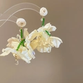 Handmade white chiffon flower earrings with green beads and gold tassels - 13# Silver Earring Post - Off-White Fabric Flower