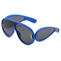 Blue oversized shield sunglasses with deep gray lenses and gold oval metal accents - Blue Frame Grey Lens