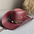 Classico cappello da cowboy western a tesa larga in finta pelle bordeaux con perline etniche - Decorazione della Cintura Turchese / Borgogna