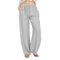 Women's casual grey wide-leg trousers with elastic drawstring waist in cotton linen - Light Gray