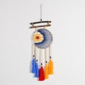 Boho Evil Eye dream catcher with sun moon design, blue yellow red tassels on wood stick - 4002A With Wood Stick