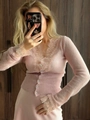 Slim fit light pink knit cardigan with delicate white lace trim and pearl buttons - S / Lotus Pink