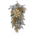 White and gold flocked Christmas wreath with snow-dusted pine needles and gold berries - 60cm Swag