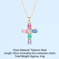 Titanium steel cross necklace featuring colorful cubic zirconia gemstones and 45cm chain - Cross No.49 Gold (A1325)