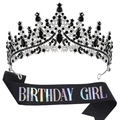 Set aus silberner Kristallkrone und schwarzer Birthday Girl Schärpe für Partys - Schwarz Irisierend Birthday Girl Mit Schwarzem Stein