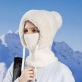 Bonnet en tricot blanc pour femme avec doublure polaire et cache-col intégré en fausse fourrure - Blanc