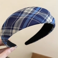 Detailed macro view of the blue and white plaid fabric texture on a wide headband - Light Blue Plaid