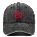 Washed cotton baseball cap in charcoal grey with red rose embroidery for casual wear - Black