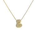 Macro detail of gold-plated letter E pendant with cubic zirconia on a box chain - Letter E / Gold
