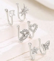 Silver non-pierced U-shaped nose cuffs set with zircon butterfly and star designs - 6-Piece Set (Star/Heart/Butterfly) / Silver