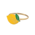 Detailed view of a golden alloy napkin ring with a yellow and green enamel lemon charm - Lemon