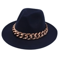 Close-up of navy blue wool fedora featuring a bold rose gold metallic chain band - Navy Blue