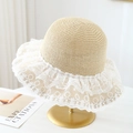 Straw sun hat with white lace trim and floral embroidery on a golden display stand - M(56-58cm) / Double Layer Lace Pleats - Beige