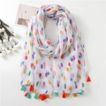 White cotton linen scarf with colorful polka dots and vibrant tassel edge details - SL2202-036 (White Base Color Polka Dot Tassel)