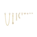 Set di 9 orecchini dorati con nappe e zirconi a forma di cuore e stella su bianco - Oro
