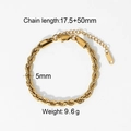 18k gold plated stainless steel twisted rope chain bracelet with extension and lobster clasp - Rope Chain Bracelet (JDN20128-2) / Chain Width 5mm Length 17.5+5cm