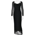 Abito lungo attillato nero a maniche lunghe in rete e pizzo con spacco laterale elegante - S / Nero